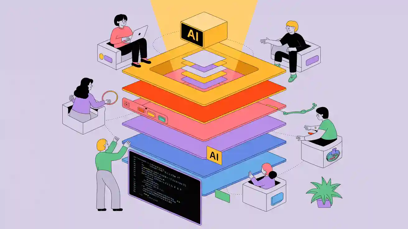 An abstract image representing the layers of AI bias, from visible code to hidden societal factors.