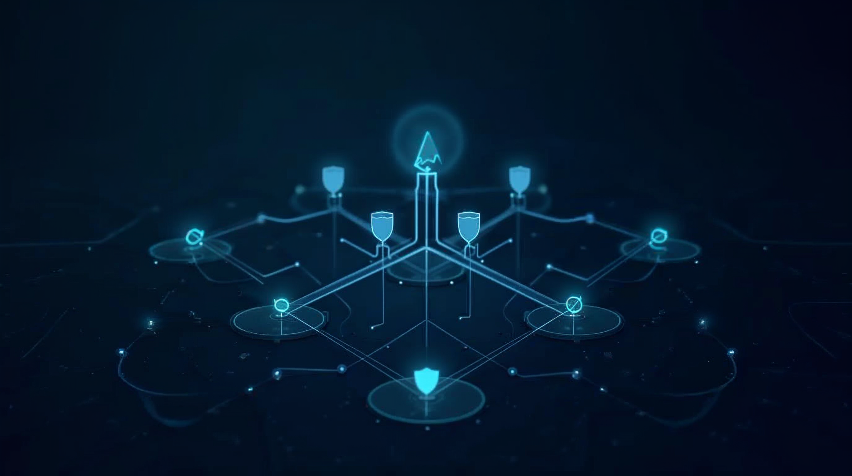 Abstract visualization of an AI governance framework with interconnected compliance, risk, and organizational layers on a dark navy background