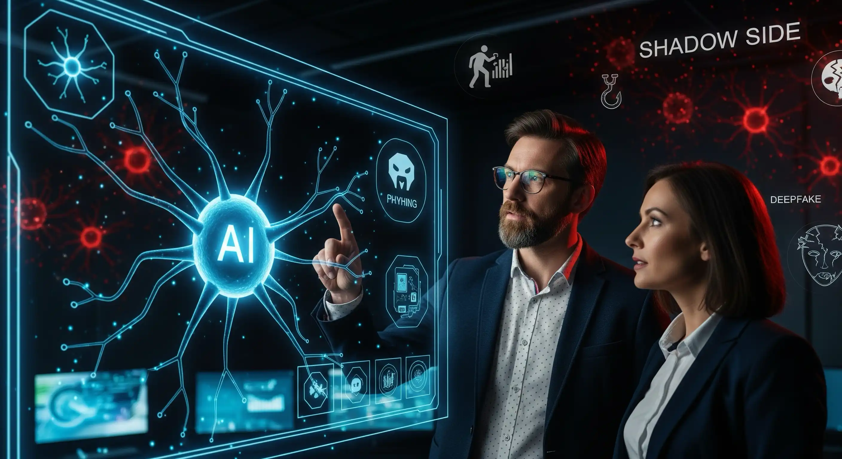 A conceptual image showing the dark side of AI, with shadowy figures and data streams.