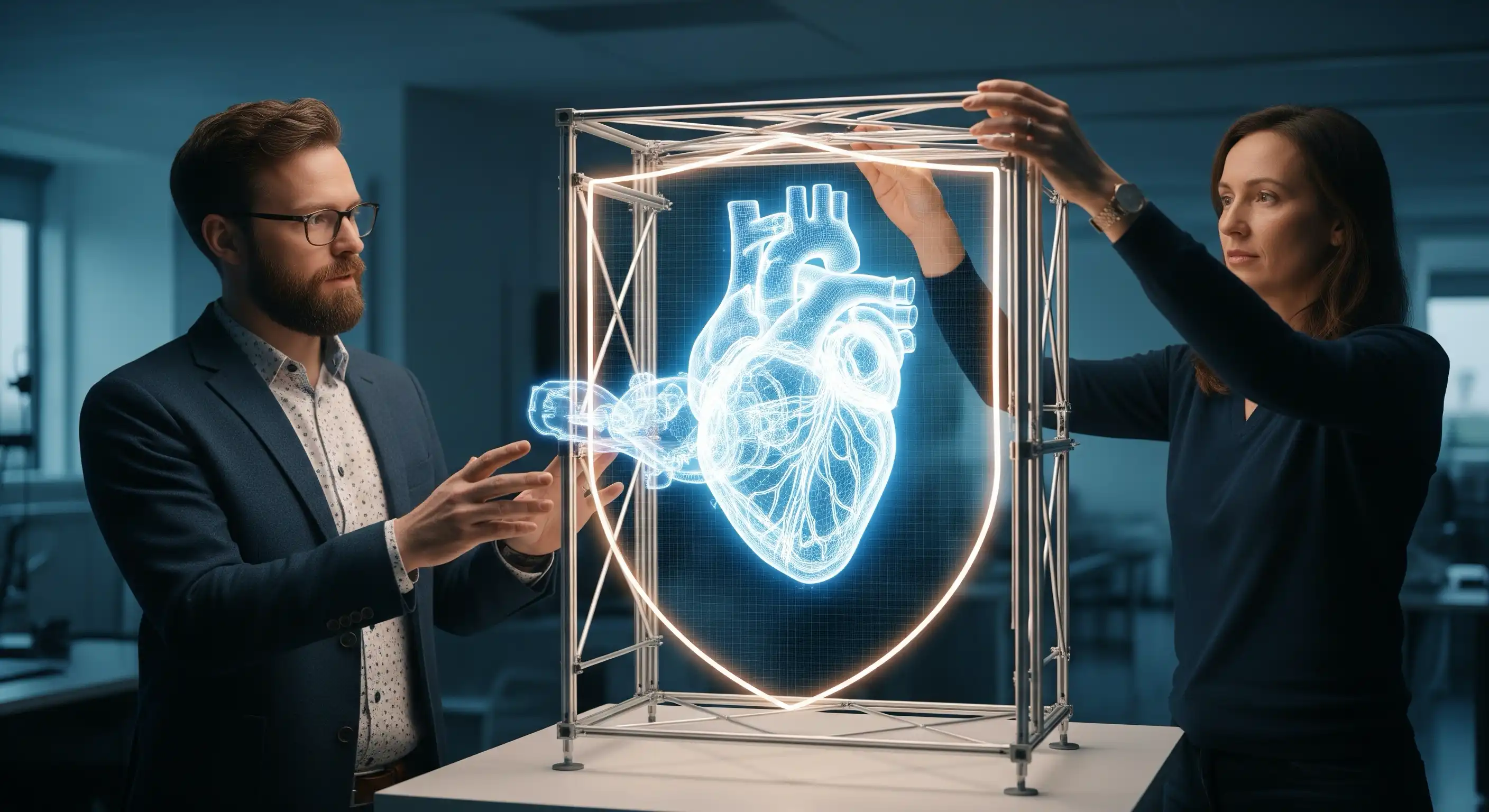 A conceptual image showing a digital twin of a medical device alongside a regulatory document.
