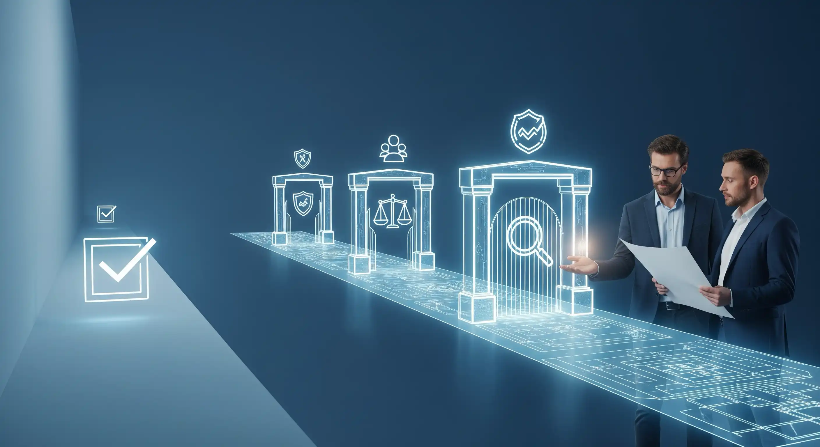 A conceptual image showing scales of justice balancing data privacy and AI innovation.