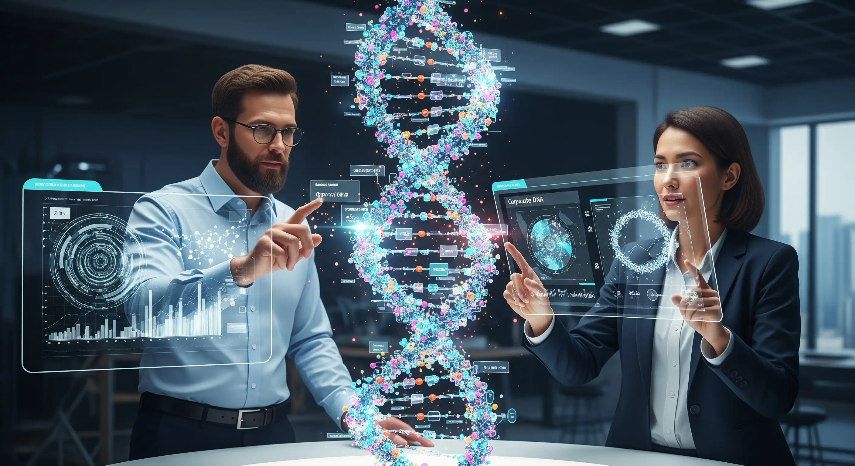 A conceptual image of a DNA helix intertwined with business and organizational symbols.