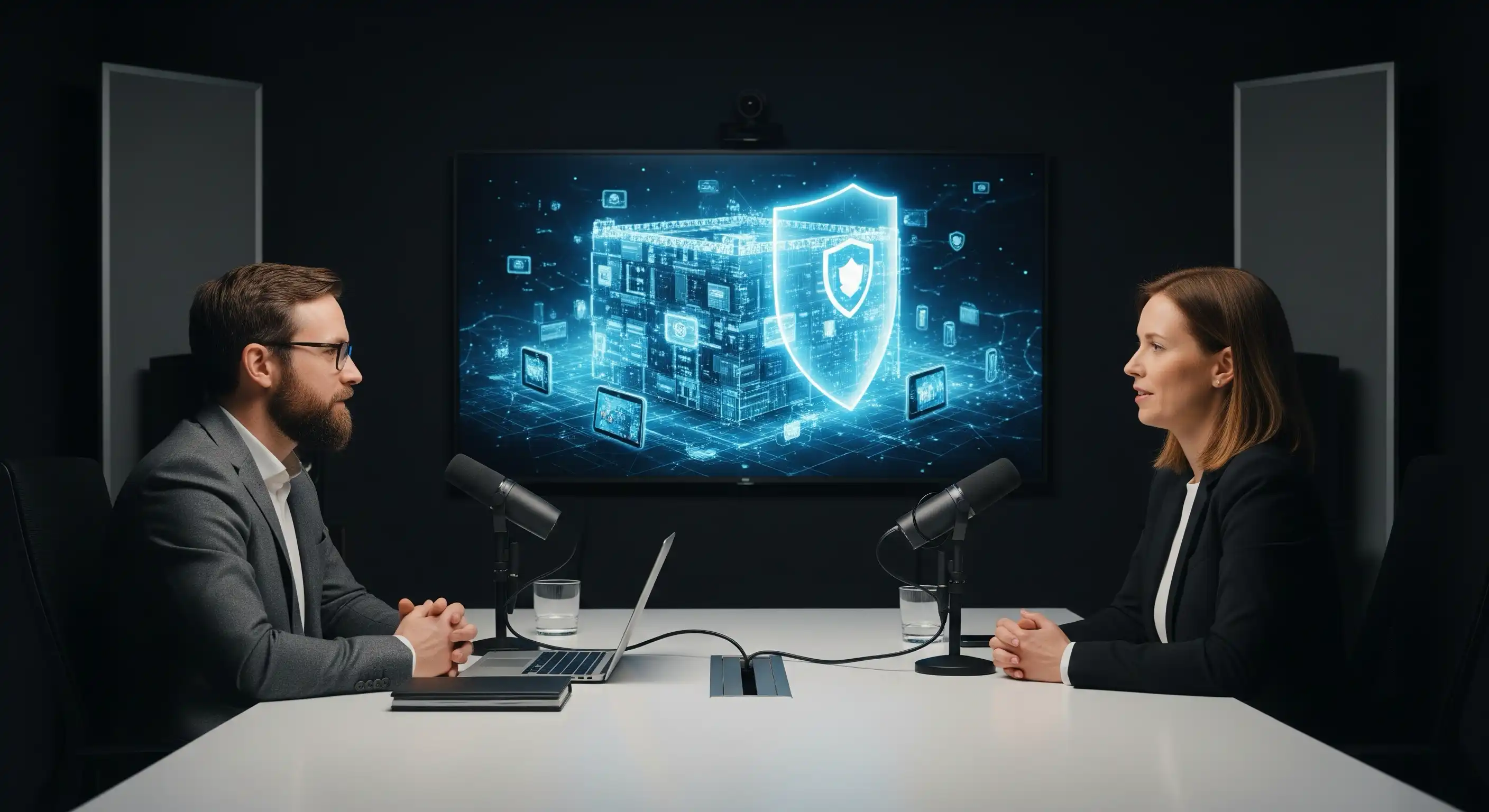 A digital lock and shield protecting a network of connected devices, symbolizing the Cyber Resilience Act.
