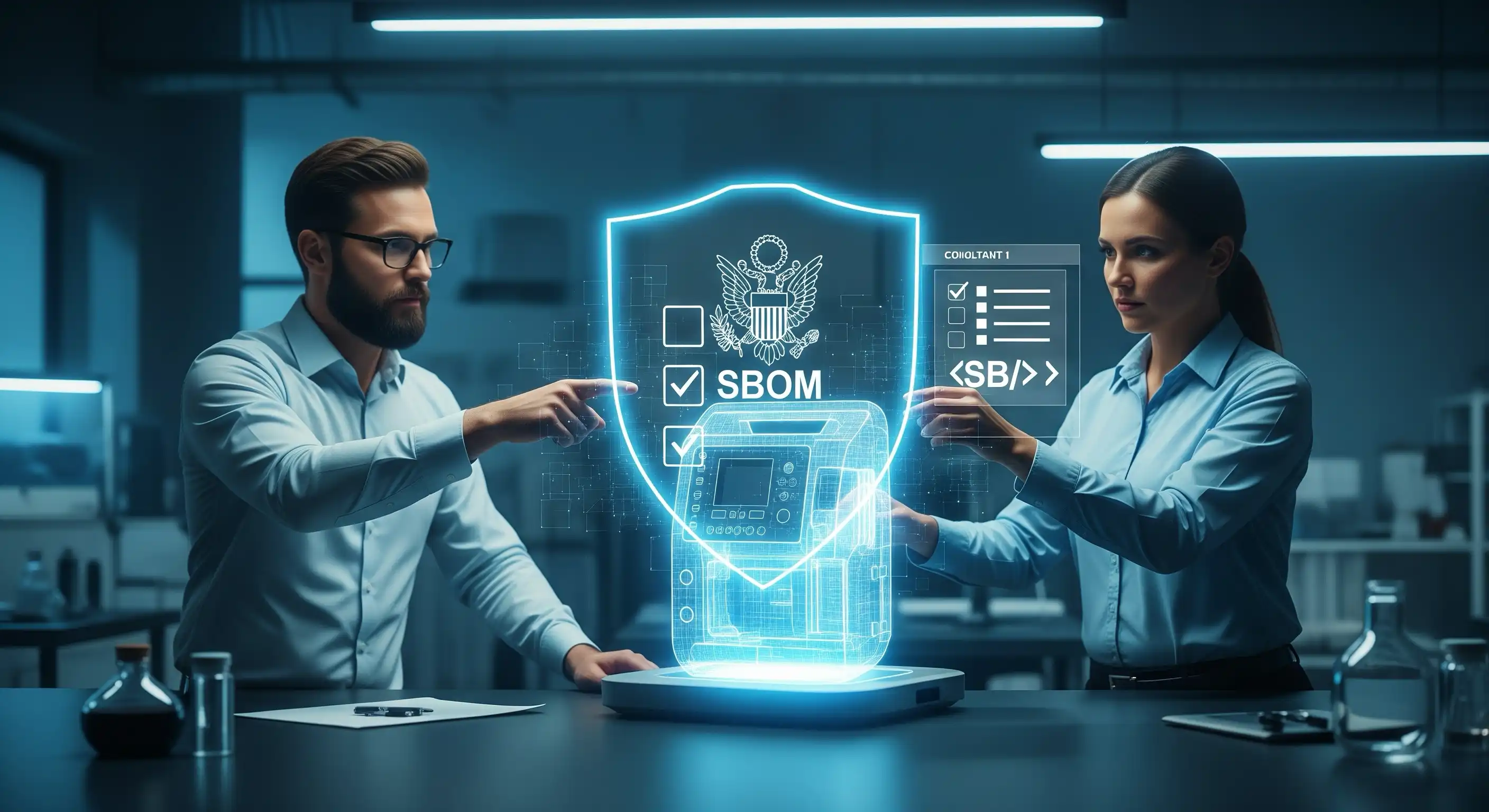 A digital shield protecting a medical device, symbolizing cybersecurity.