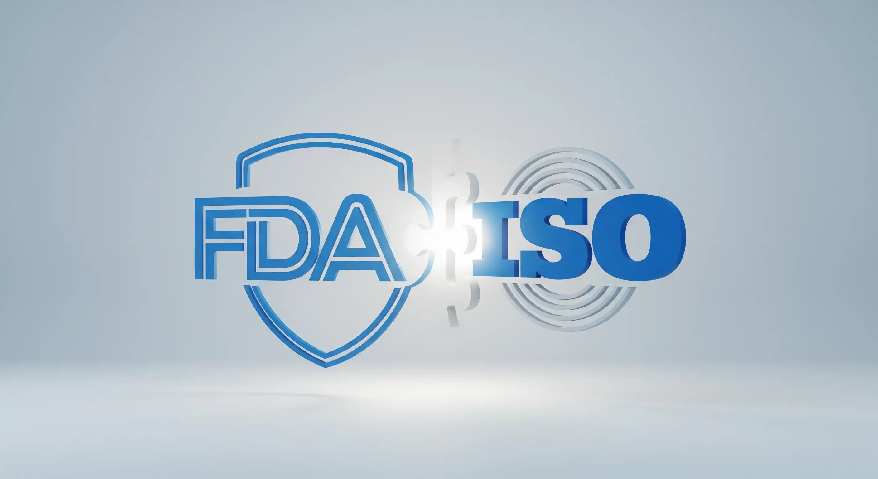 A graphic showing the FDA logo and ISO logo merging, symbolizing harmonization.
