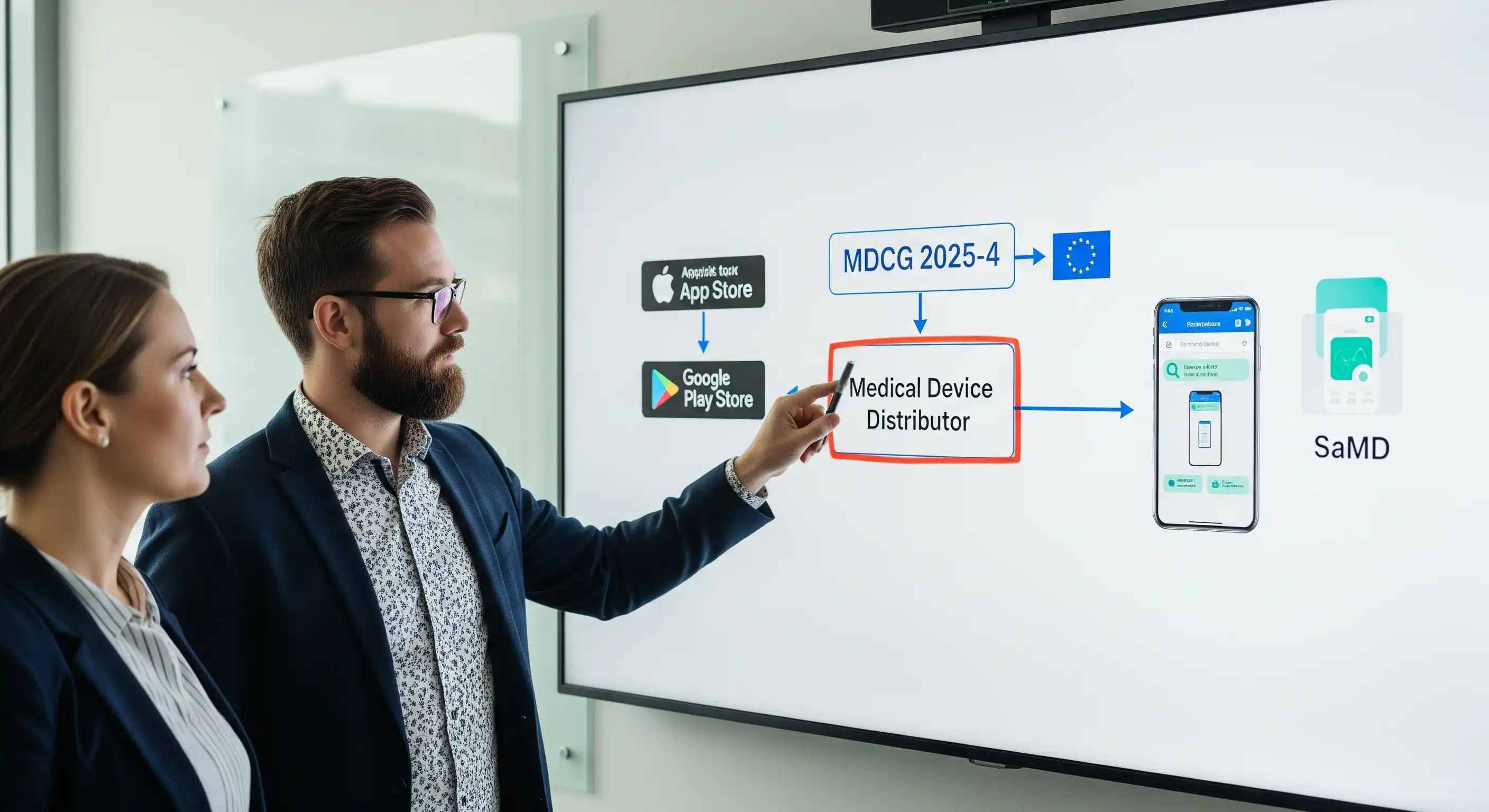 A smartphone displaying a medical app, with regulatory symbols in the background.